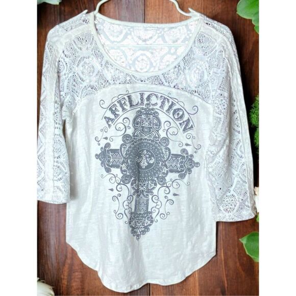 Affliction White Lace Rhinestone Raw Hem Fitted Cotton Shirt Sz Medium - Picture 1 of 3